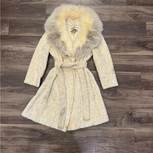 Cream Faux Fur Wrap Trench Coat with Plush Collar